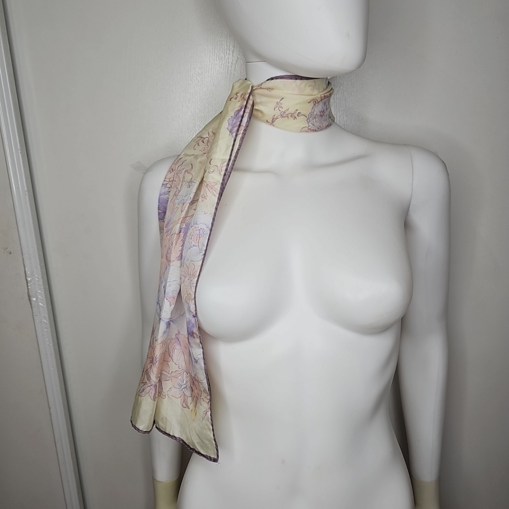 Vintage Pastel Silk Scarf Lightweight Pink With Purple Flowers